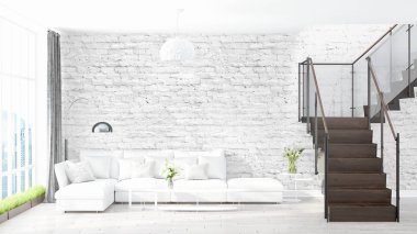 Modern parlak iç. 3D render