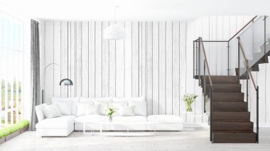 Modern parlak iç. 3D render