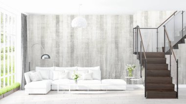 Modern parlak iç. 3D render