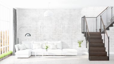 Modern parlak iç. 3D render