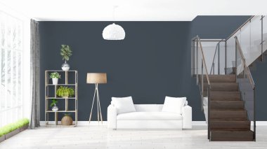 Modern parlak iç. 3D render