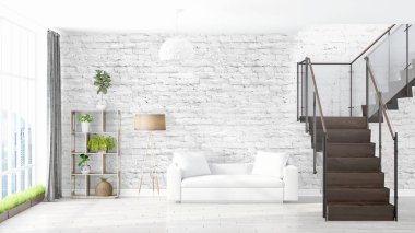 Modern parlak iç. 3D render