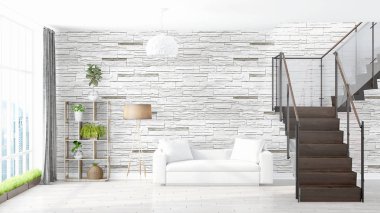 Modern parlak iç. 3D render