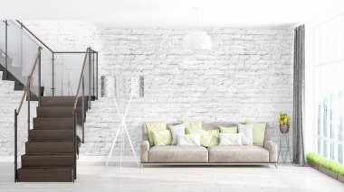 Modern parlak iç. 3D render