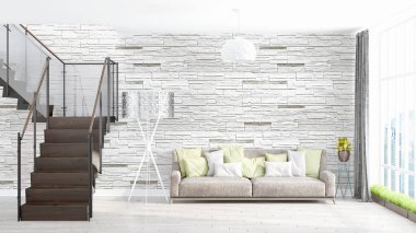Modern parlak iç. 3D render