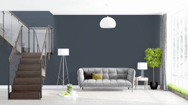 Modern parlak iç. 3D render