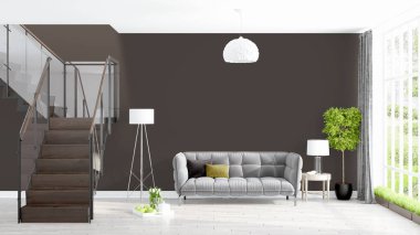 Modern parlak iç. 3D render
