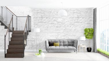 Modern parlak iç. 3D render