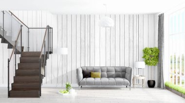 Modern parlak iç. 3D render