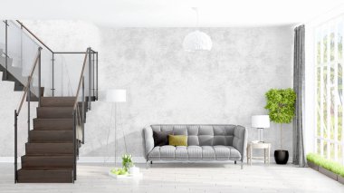 Modern parlak iç. 3D render