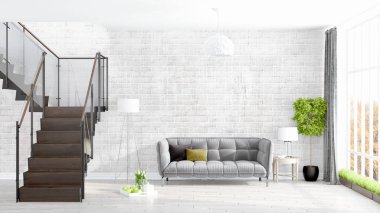 Modern parlak iç. 3D render