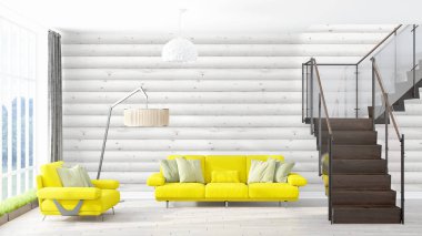 Modern parlak iç. 3D render