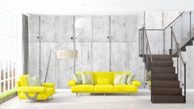 Modern parlak iç. 3D render