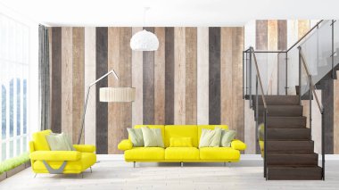 Modern parlak iç. 3D render