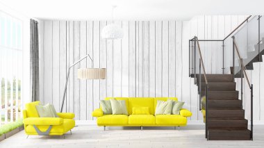 Modern parlak iç. 3D render