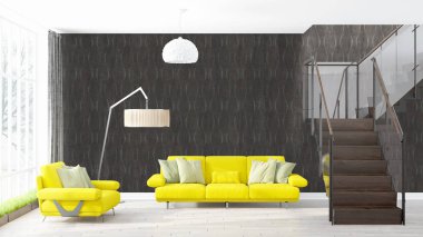 Modern parlak iç. 3D render