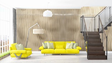 Modern parlak iç. 3D render