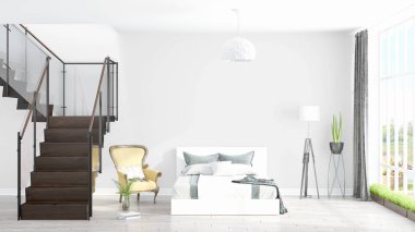Modern parlak iç. 3D render