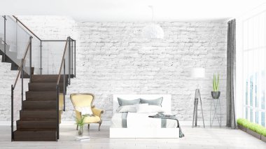 Modern parlak iç. 3D render