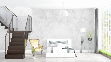 Modern parlak iç. 3D render