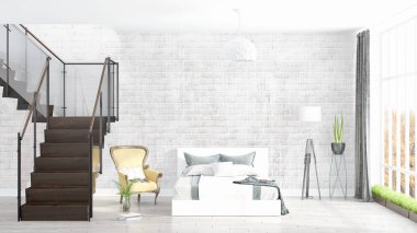 Modern parlak iç. 3D render