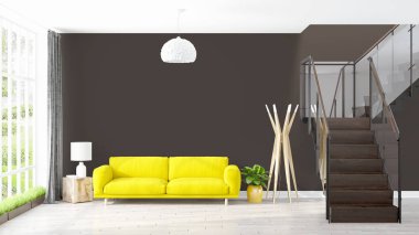 Modern parlak iç. 3D render