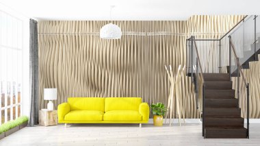 Modern parlak iç. 3D render