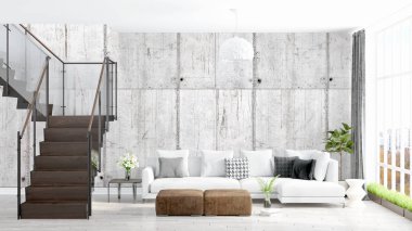 Modern parlak iç. 3D render