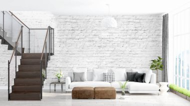 Modern parlak iç. 3D render