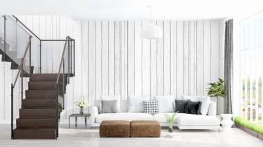 Modern parlak iç. 3D render