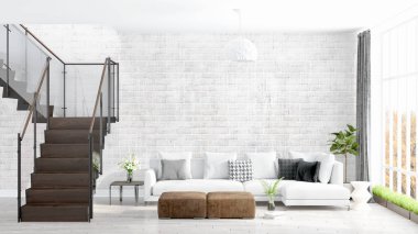 Modern parlak iç. 3D render