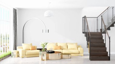 Modern parlak iç. 3D render