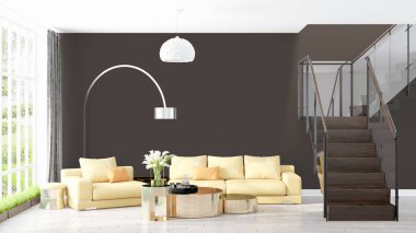 Modern parlak iç. 3D render