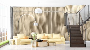 Modern parlak iç. 3D render