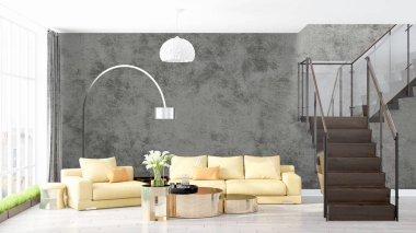 Modern parlak iç. 3D render