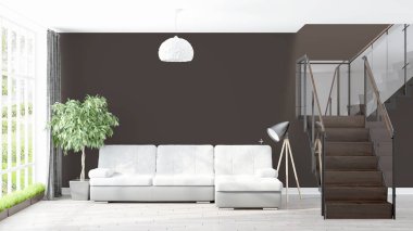 Modern parlak iç. 3D render