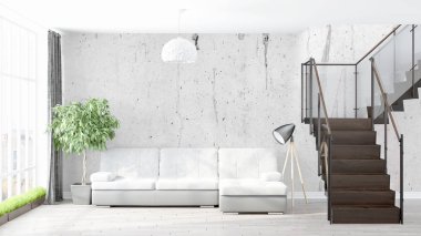 Modern parlak iç. 3D render