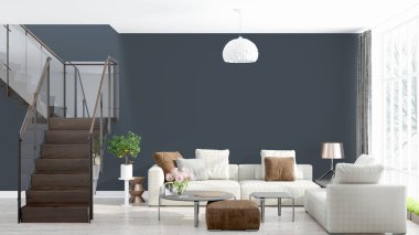 Modern parlak iç. 3D render