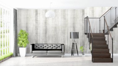 Modern parlak iç. 3D render