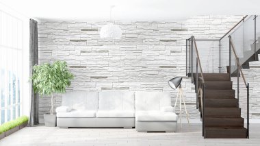 Modern parlak iç. 3D render