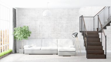 Modern parlak iç. 3D render