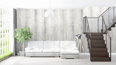 Modern parlak iç. 3D render