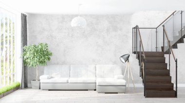 Modern parlak iç. 3D render