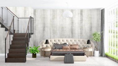 Modern parlak iç. 3D render