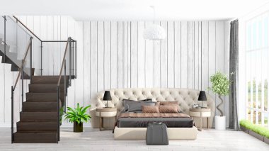 Modern parlak iç. 3D render