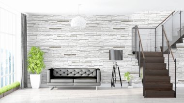 Modern parlak iç. 3D render