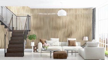 Modern parlak iç. 3D render