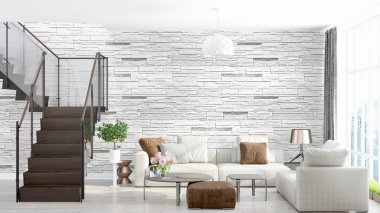 Modern parlak iç. 3D render