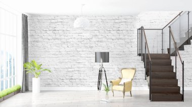 Modern parlak iç. 3D render