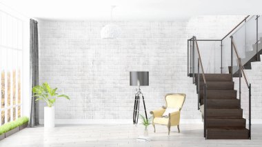 Modern parlak iç. 3D render